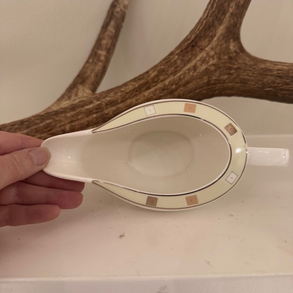 Home Exclusives Bone China Gravy Boat Neutral Geometric Block Pattern Cream Tan - Picture 2 of 4